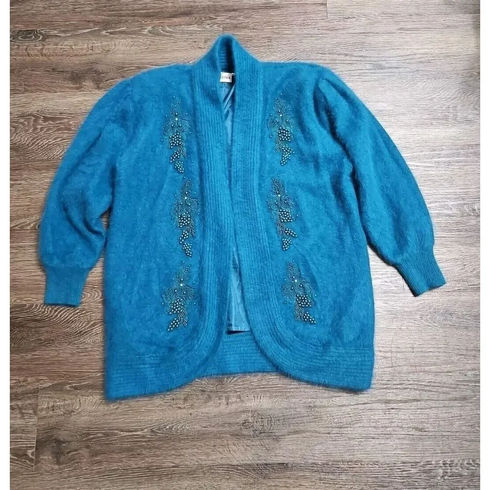 Jamie Teal Blue Angora Open-Front Long-sleeve Cardigan/Sweater Medium - Picture 1 of 16